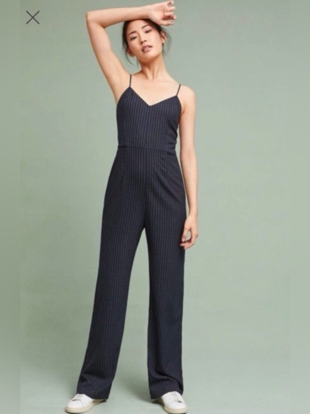 Anthropologie The essential Jumpsuit in Navy Pinstripe Wide-Leg Spaghetti Straps
